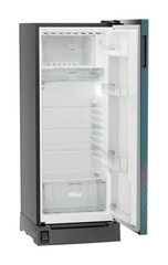 Product image, Perspective: oblique open empty, Single-door refrigerator 222 l in 5 star with foot pedal base drawer, Casing colour: grey, Door colour: Teal Strings