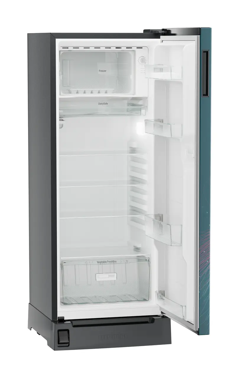 Product image, Perspective: oblique open empty, Single-door fridge 222 l in 4 star with foot pedal base drawer, Casing colour: grey, Door colour: Teal Strings