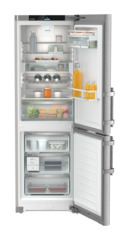 Product image, Perspective: straight open decorated, Combined fridge-freezers with EasyFresh and NoFrost, Casing colour: silver, Door colour: stainless steel