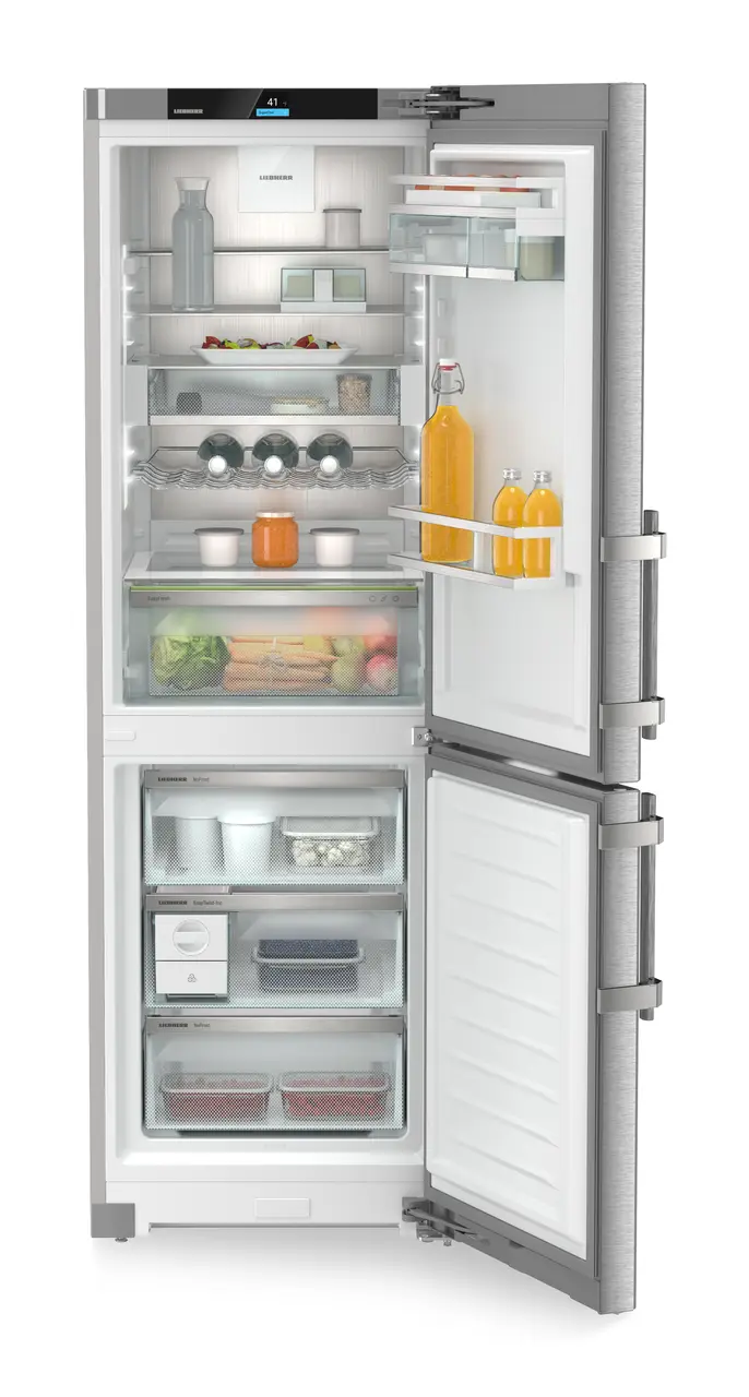 Product image, Perspective: straight open decorated, Combined fridge-freezers with EasyFresh and NoFrost, Casing colour: silver, Door colour: stainless steel