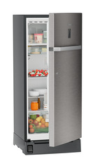 Product image, Perspective: oblique half-open decorated, Single-door refrigerator 202 l with foot pedal base drawer and iCoolTouch UI, Casing colour: grey, Door colour: Stainless Steel
