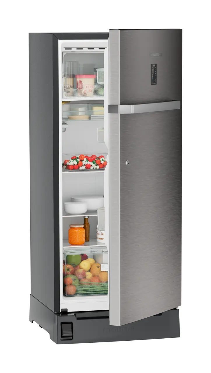 Product image, Perspective: oblique half-open decorated, Single-door refrigerator 202 l with foot pedal base drawer and iCoolTouch UI, Casing colour: grey, Door colour: Stainless Steel