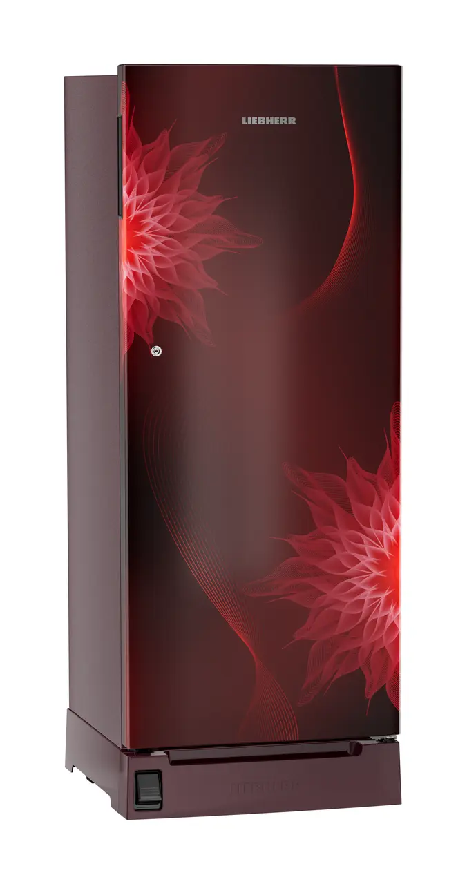 Product image, Perspective: oblique closed, Single-door refrigerator 222 l in 3 star with foot pedal base drawer, Casing colour: red, Door colour: Red Mystiq