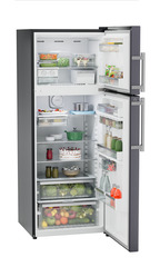 Product image, Perspective: oblique open decorated, Fridge-freezer with NoFrost, Casing colour: grey, Door colour: Cobalt Steel