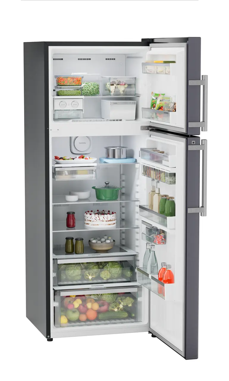 Product image, Perspective: oblique open decorated, Fridge-freezer with NoFrost, Casing colour: grey, Door colour: Cobalt Steel