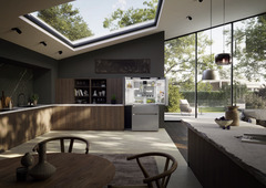 Slika izdelka, Perspektiva: Ambient, Hladilnik z zamrzovalnikom s francoskimi vrati z 2 zamrzovalnima predaloma in razpršilnikom vode in ledenih kock, Barva ohišja: srebrna, Barva vrat: nerjavno jeklo