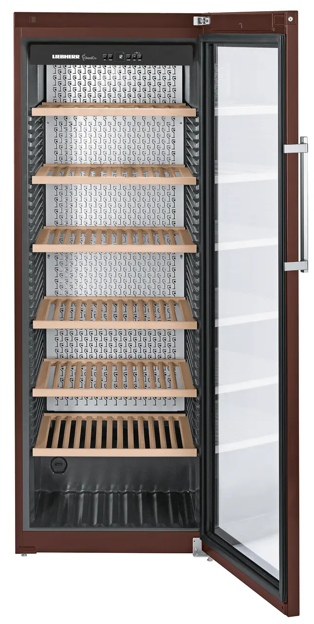 Product image, Perspective: straight open decorated, Wine storage cabinet, Casing colour: terra, Door colour: terra