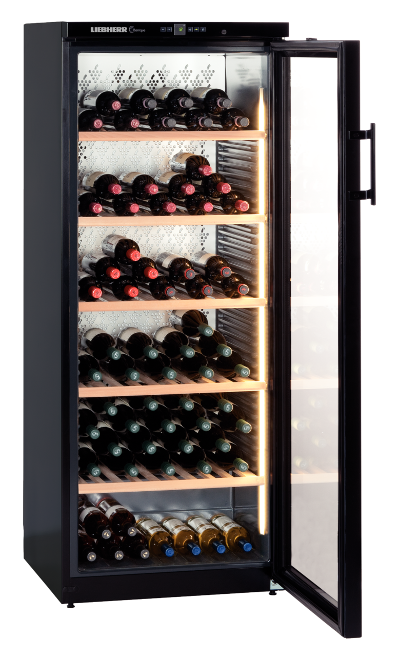 Product image, Perspective: oblique open decorated, Wine storage cabinet, Casing colour: black, Door colour: black