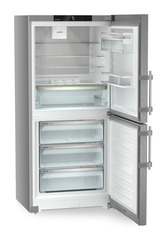 Product image, Perspective: oblique open empty, Combined fridge-freezers with EasyFresh and NoFrost, Casing colour: silver, Door colour: stainless steel