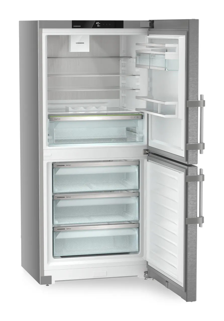 Product image, Perspective: oblique open empty, Combined fridge-freezers with EasyFresh and NoFrost, Casing colour: silver, Door colour: stainless steel