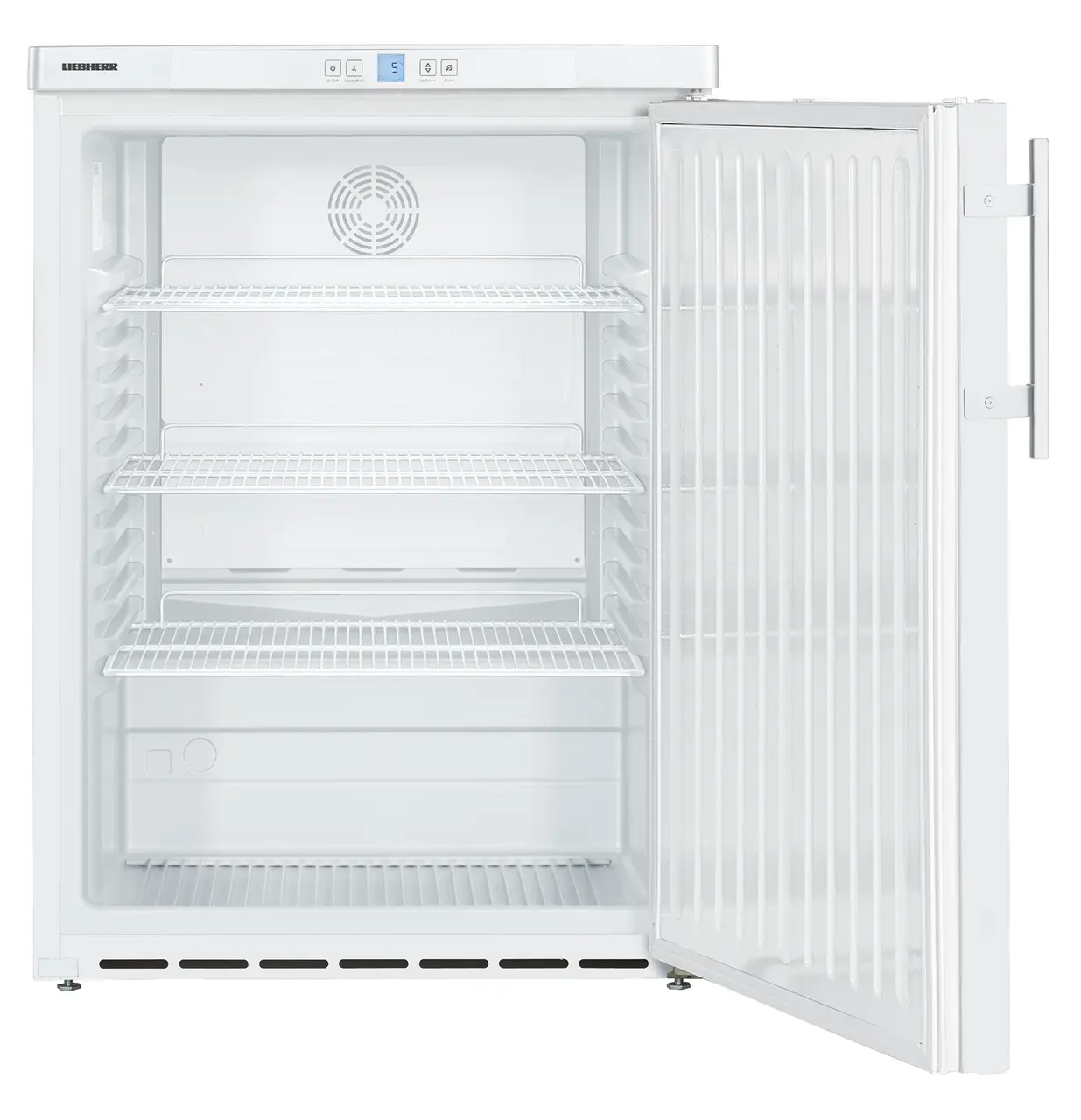 Produkt-Bild, Perspektive: gerade offen leer, Unterbaufähiges Kühlgerät mit Umluftkühlung, Gehäusefarbe: Weiß, Türfarbe: Weiß