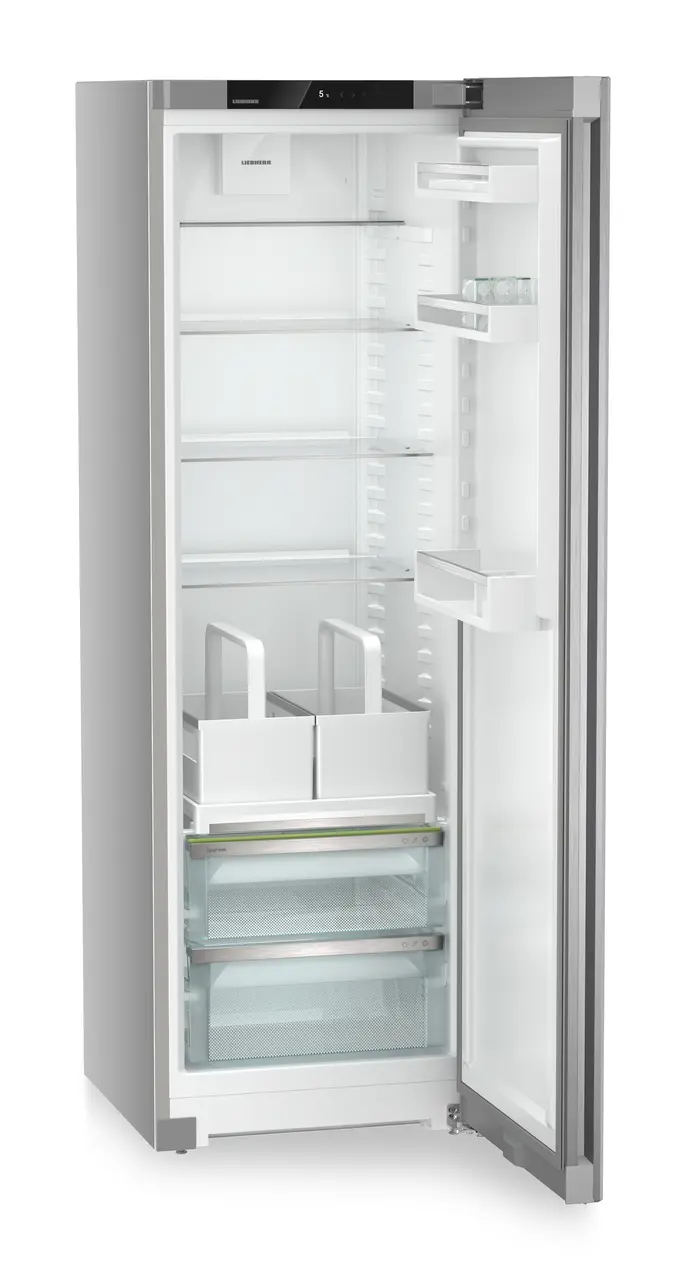 Produkt-Bild, Perspektive: schräg offen leer, Standkühlschrank mit EasyFresh, Gehäusefarbe: Silver, Türfarbe: Steelfinish