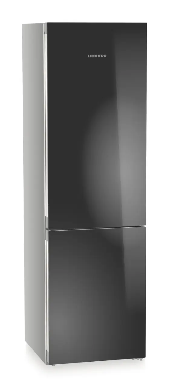 Product image, Perspective: oblique closed, Combined fridge-freezers with EasyFresh and NoFrost, Casing colour: silver, Door colour: GlassBlack