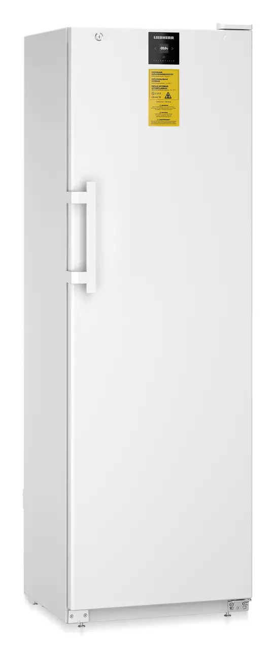 Produkt-Bild, Perspektive: schräg geschlossen leer, Laborgefriergerät mit zündquellenfreiem Innenraum, Gehäusefarbe: Weiß, Türfarbe: Weiß