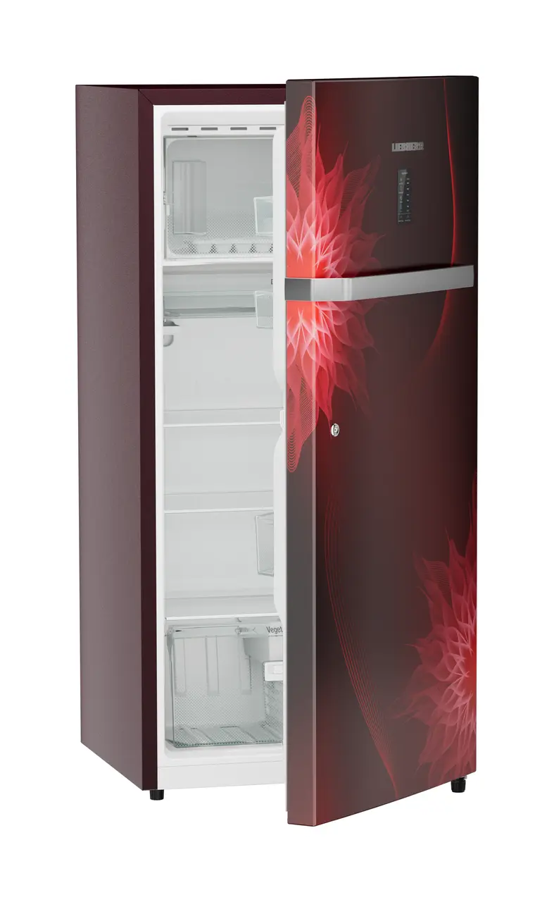 Product image, Perspective: oblique half-open empty, Single-door refrigerator 191 l in 4 star with iCoolTouch UI, Casing colour: red, Door colour: Red Mystiq