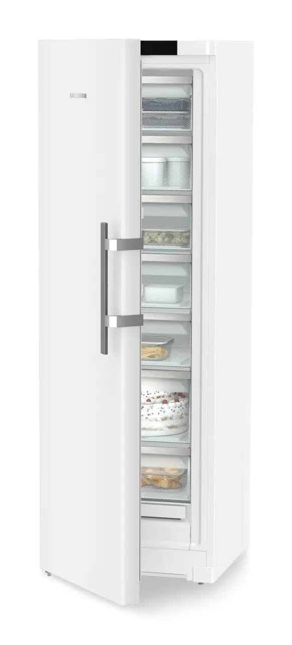 Изображение продукции, Перспектива: Под углом, с полуоткрытой дверцей, с продуктами, Морозильная камера с системой NoFrost, Цвет корпуса: белый, Цвет дверцы: белый