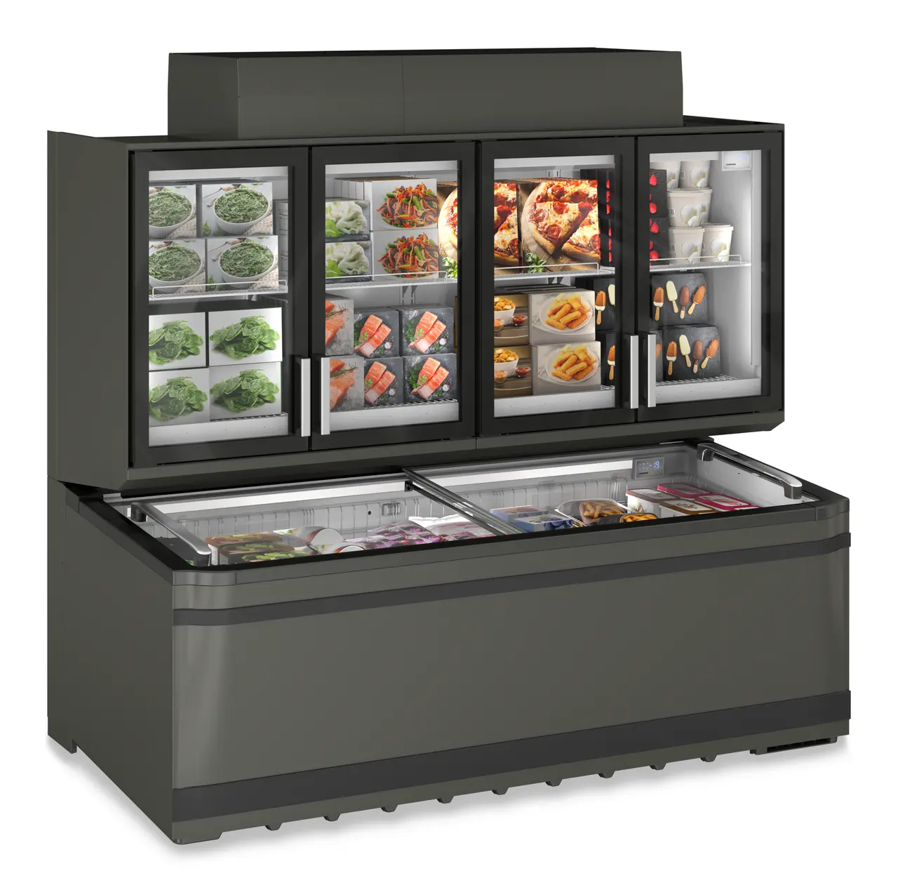 Produkt-Bild, Perspektive: schräg geschlossen dekoriert, Supermarkt-Freezer-Top, Gehäusefarbe: Grau