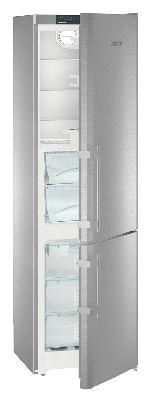 Image de produit, Perspective: Oblique semi-ouvert vide, Combiné réfrigérateur-congélateur avec BioFresh et NoFrost, Couleur de l’habillage: acier inox, Couleur de porte: acier inox