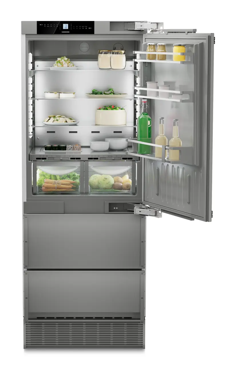Product image, Perspective: straight open decorated, Combined refrigerator-freezer with BioFresh and NoFrost for integrated use, Casing colour: Anthracite