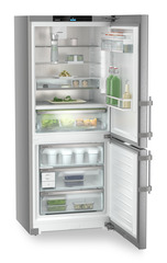 Product image, Perspective: oblique open decorated, Fridge-freezer with BioFresh and NoFrost, Casing colour: silver, Door colour: stainless steel