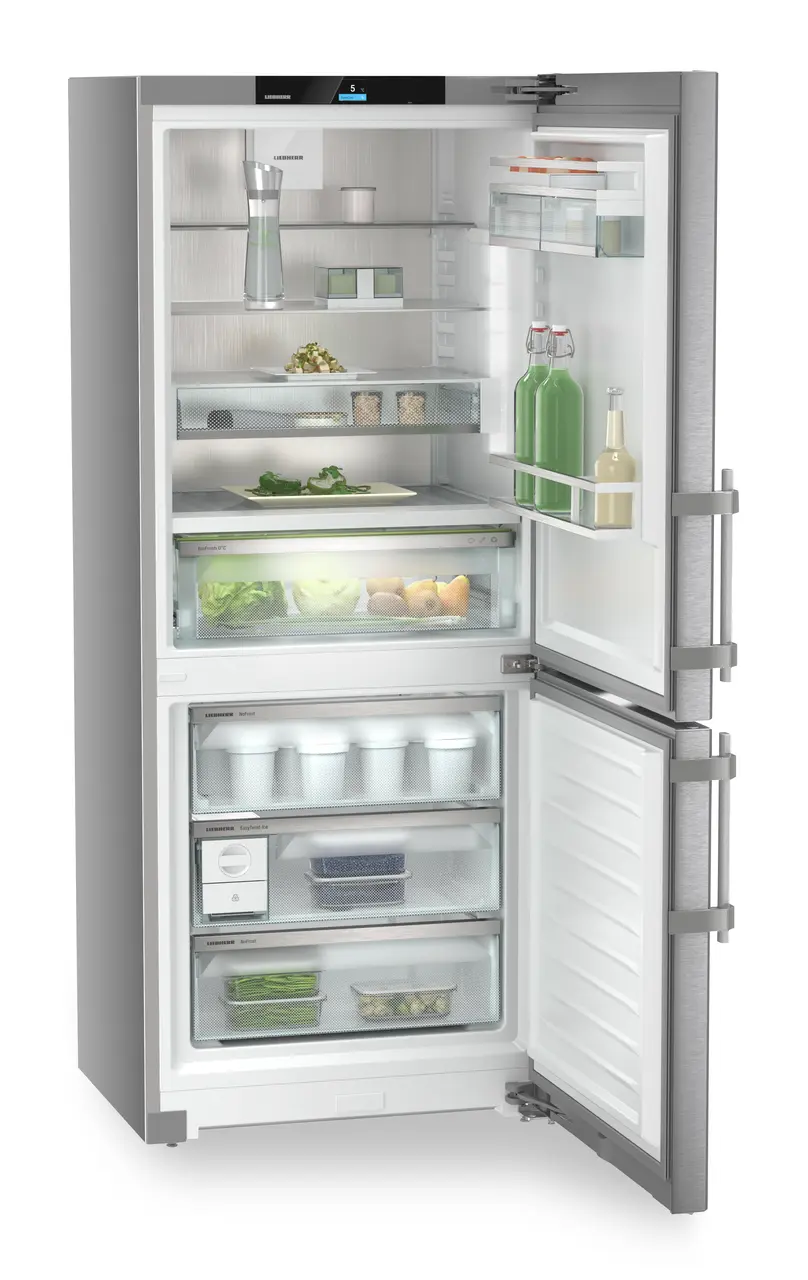 Product image, Perspective: oblique open decorated, Fridge-freezer with BioFresh and NoFrost, Casing colour: silver, Door colour: stainless steel