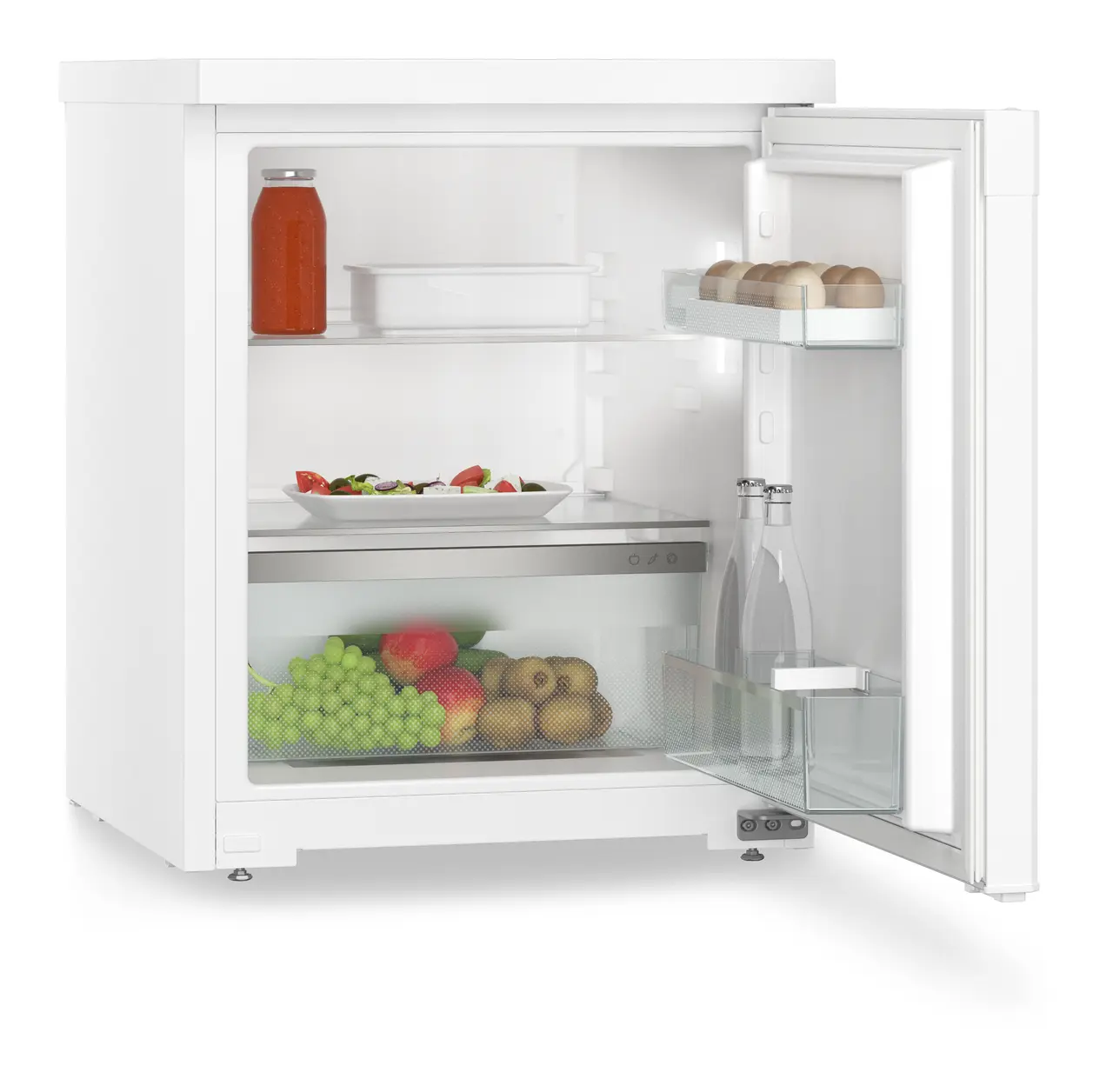 Produkt-Bild, Perspektive: schräg offen dekoriert, Tischkühlschrank, Gehäusefarbe: Weiß, Türfarbe: Weiß
