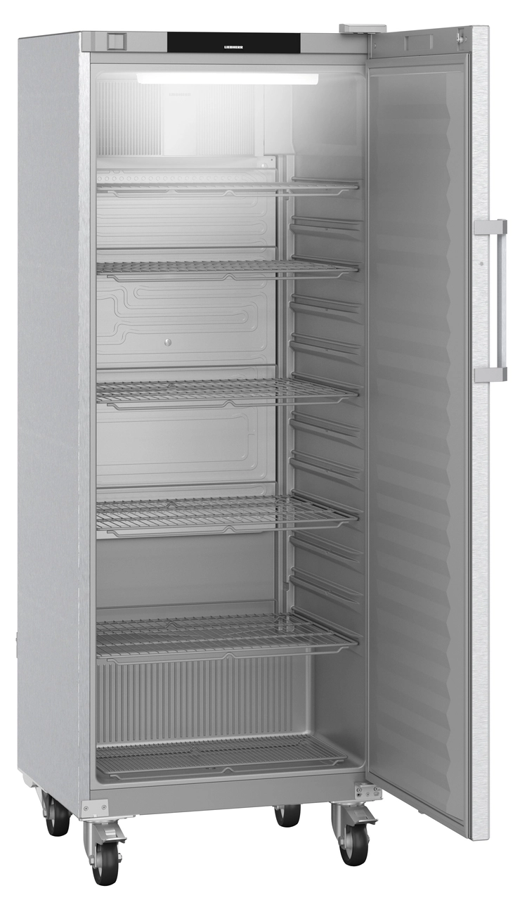 Product image, Perspective: oblique open empty, Forced-air refrigerator, Casing colour: stainless steel, Door colour: stainless steel