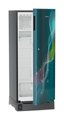 Product image, Perspective: oblique half-open empty, Single-door refrigerator 222 l in 5 star with foot pedal base drawer, Casing colour: grey, Door colour: Teal Strings