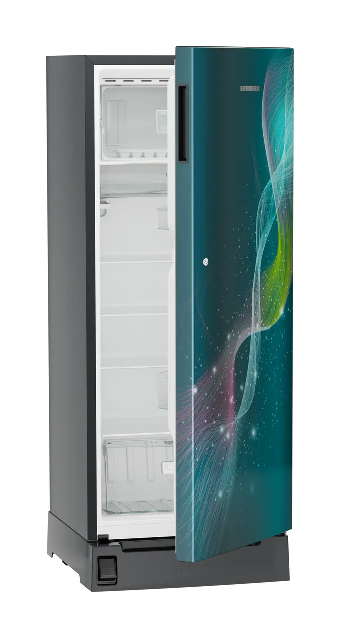 Product image, Perspective: oblique half-open empty, Single-door refrigerator 222 l in 5 star with foot pedal base drawer, Casing colour: grey, Door colour: Teal Strings