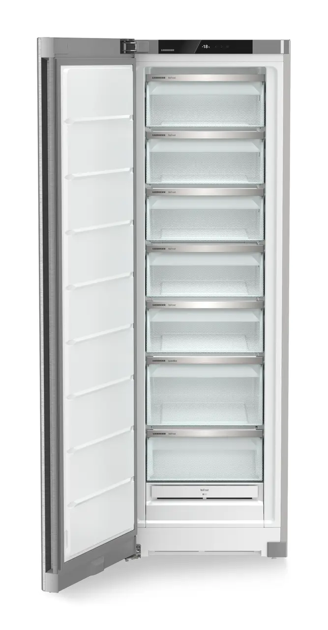 Product image, Perspective: straight open empty, Freestanding freezer with NoFrost, Casing colour: silver, Door colour: stainless steel