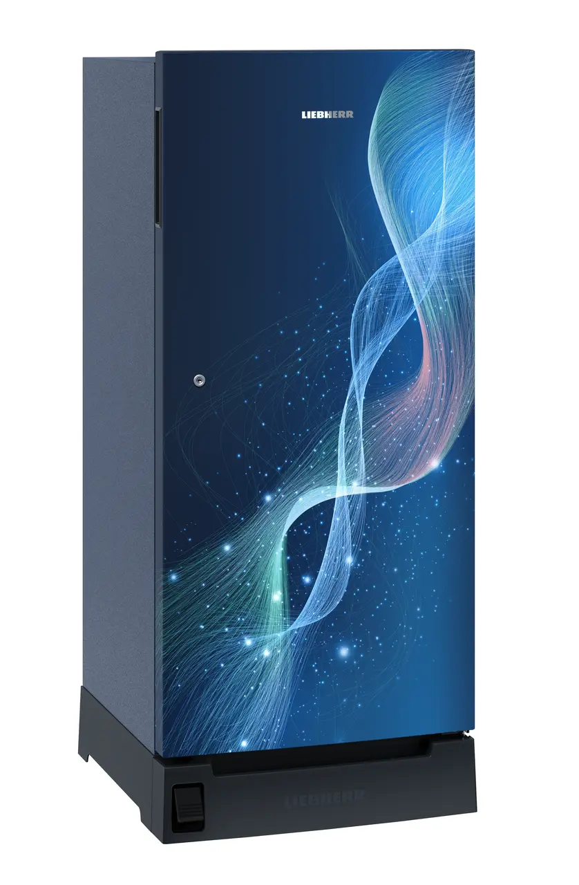 Product image, Perspective: oblique closed, Single-door refrigerator 191 l in 3 star with foot pedal base drawer, Casing colour: blue, Door colour: Azure Strings