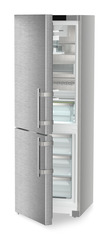 Product image, Perspective: oblique half-open empty, Combined fridge-freezers with EasyFresh and NoFrost, Casing colour: silver, Door colour: stainless steel