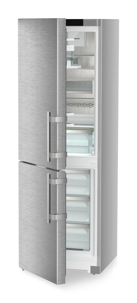 Product image, Perspective: oblique half-open empty, Combined fridge-freezers with EasyFresh and NoFrost, Casing colour: silver, Door colour: stainless steel