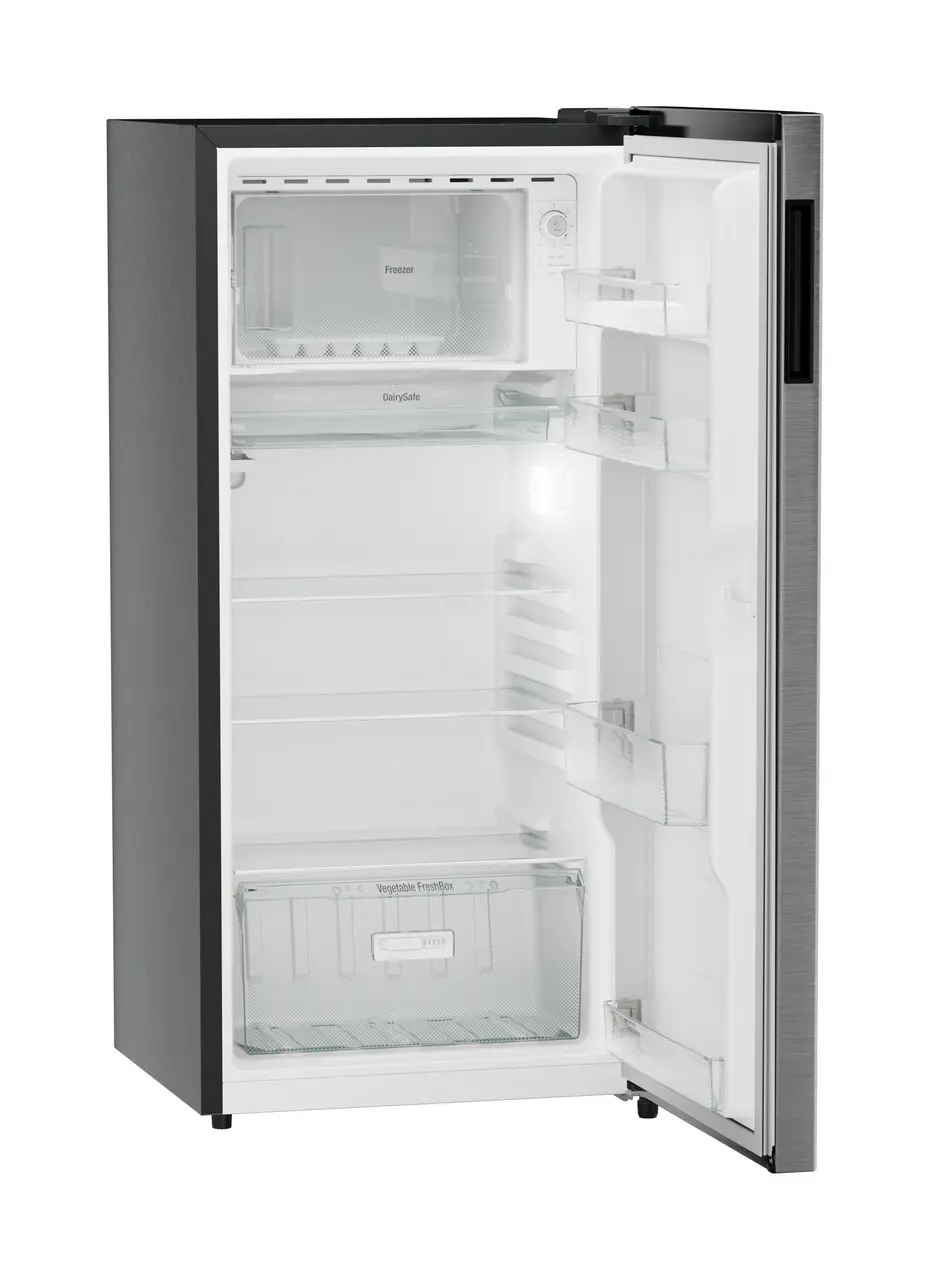 Product image, Perspective: oblique open empty, Single-door refrigerator 191 l in 3 star with VegFresh box, Casing colour: grey, Door colour: Silver Steel