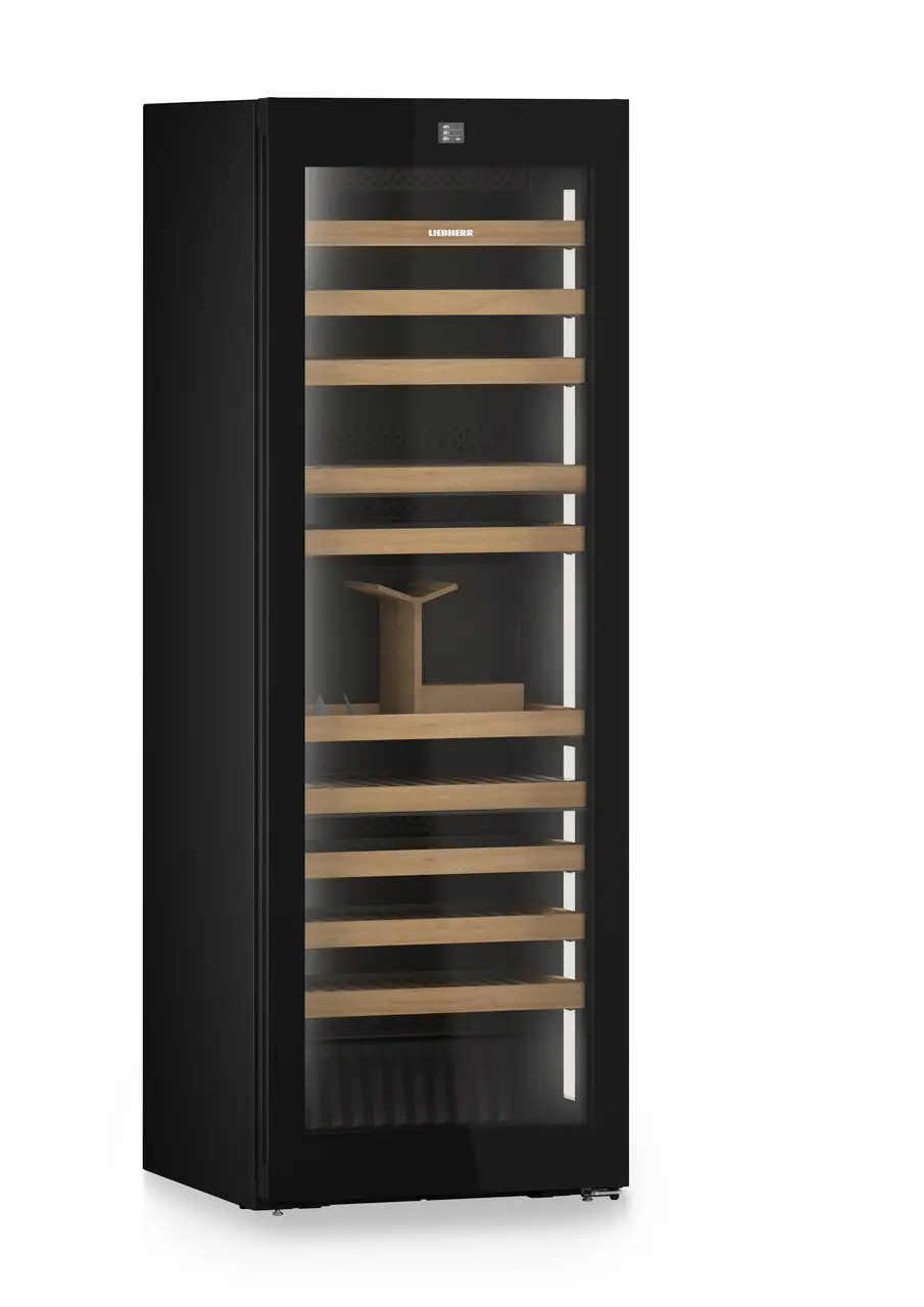 Product image, Perspective: oblique closed empty, Multi-temperature wine cabinet, Casing colour: BlackSteel, Door colour: GlassBlack