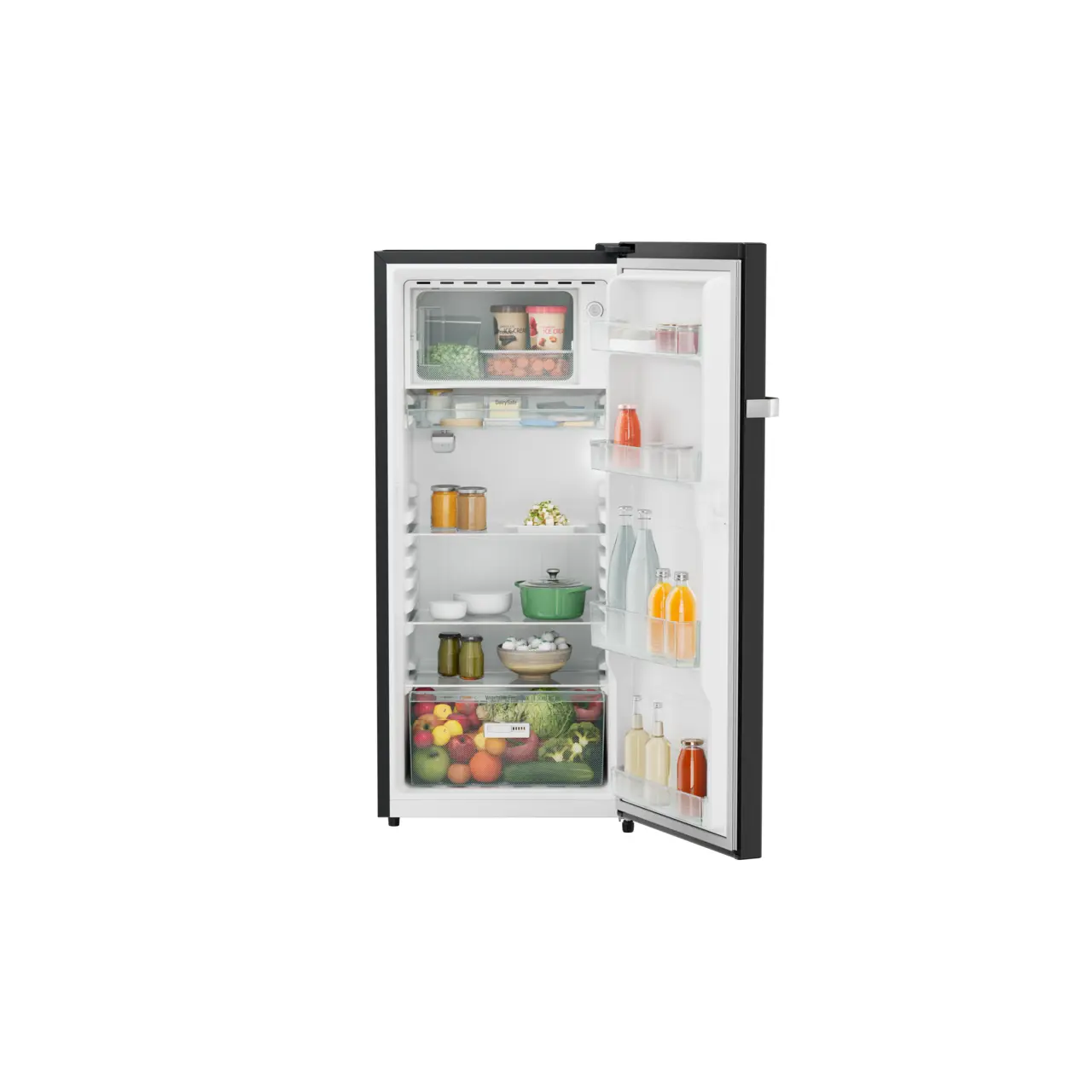 Product image, Perspective: straight open decorated, Single-door refrigerator 202 l in 3 star and horizontal handle, Casing colour: grey, Door colour: Black Gloss