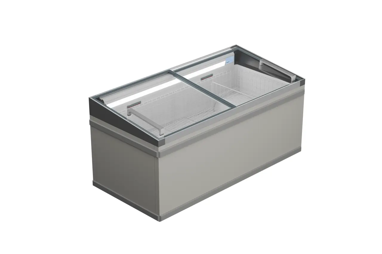 Изображение на продукта, Перспектива: Странично, затворен, Хладилна и фризерна ракла за супермаркет, Цвят на корпуса: сив
