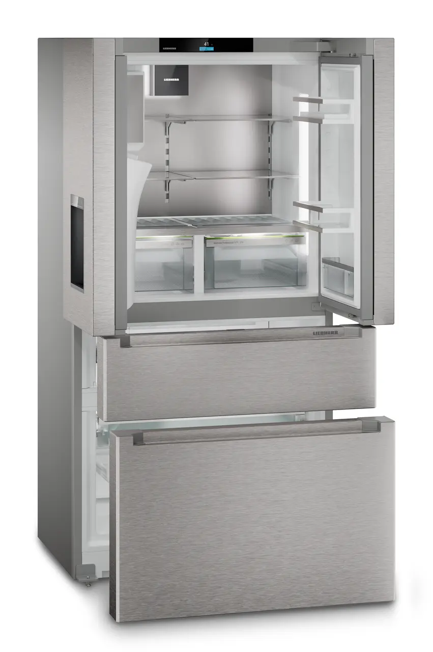 Image de produit, Perspective: Oblique ouvert vide, Réfrigérateur-congélateur FrenchDoor avec 2 tiroirs de congélation et distributeur d'eau et glaçons, Couleur de porte: acier inox