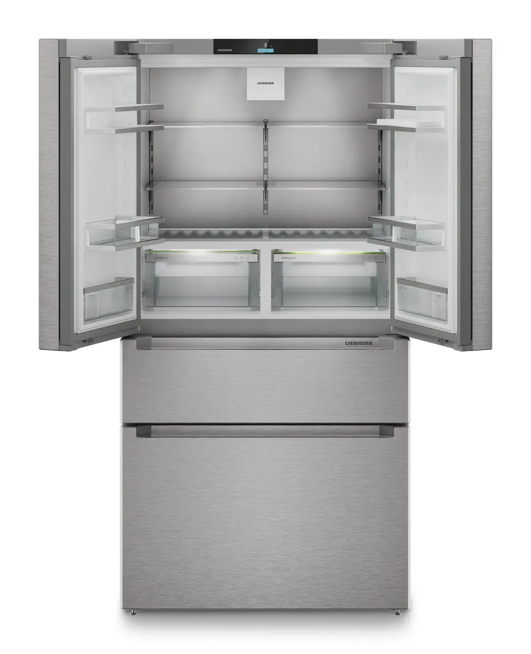 Produkt-Bild, Perspektive: gerade offen leer, French-Door-Kühl-Gefrierkombination mit 2 Gefrierschubladen mit IceMaker, Gehäusefarbe: Silver, Türfarbe: Edelstahl