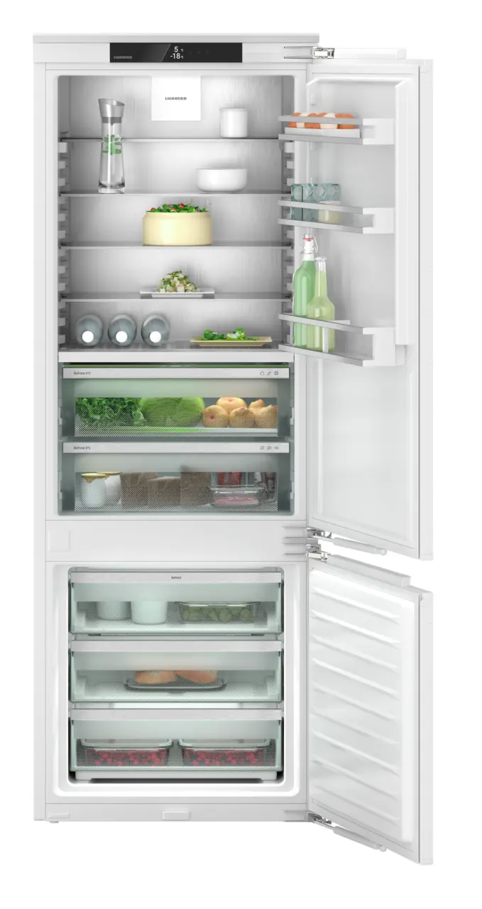 Produkt-Bild, Perspektive: gerade offen dekoriert, Integrierbare Kühl-Gefrierkombination mit BioFresh und NoFrost