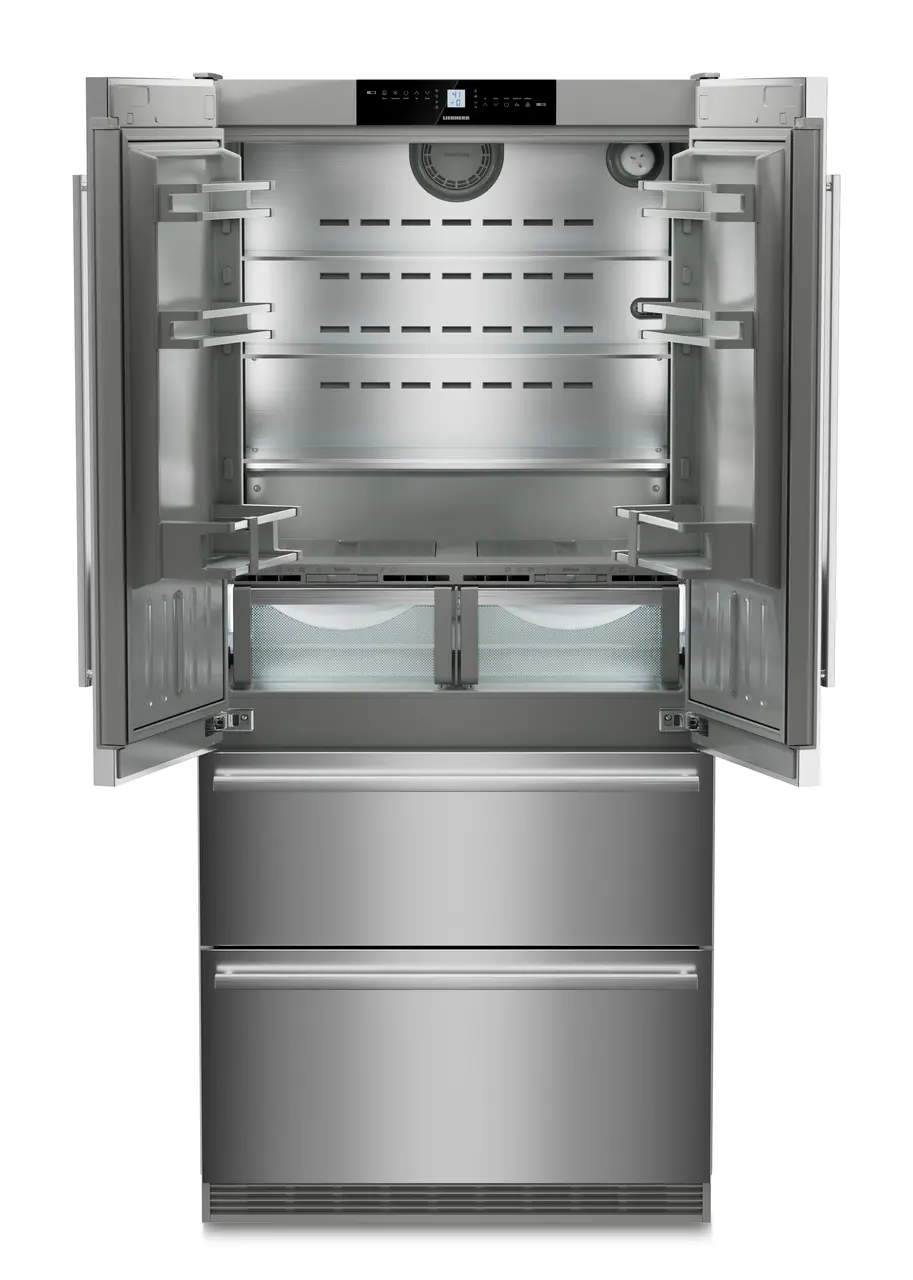 Product image, Perspective: straight open empty, Fridge-freezer with BioFresh and NoFrost, Casing colour: stainless steel, Door colour: stainless steel