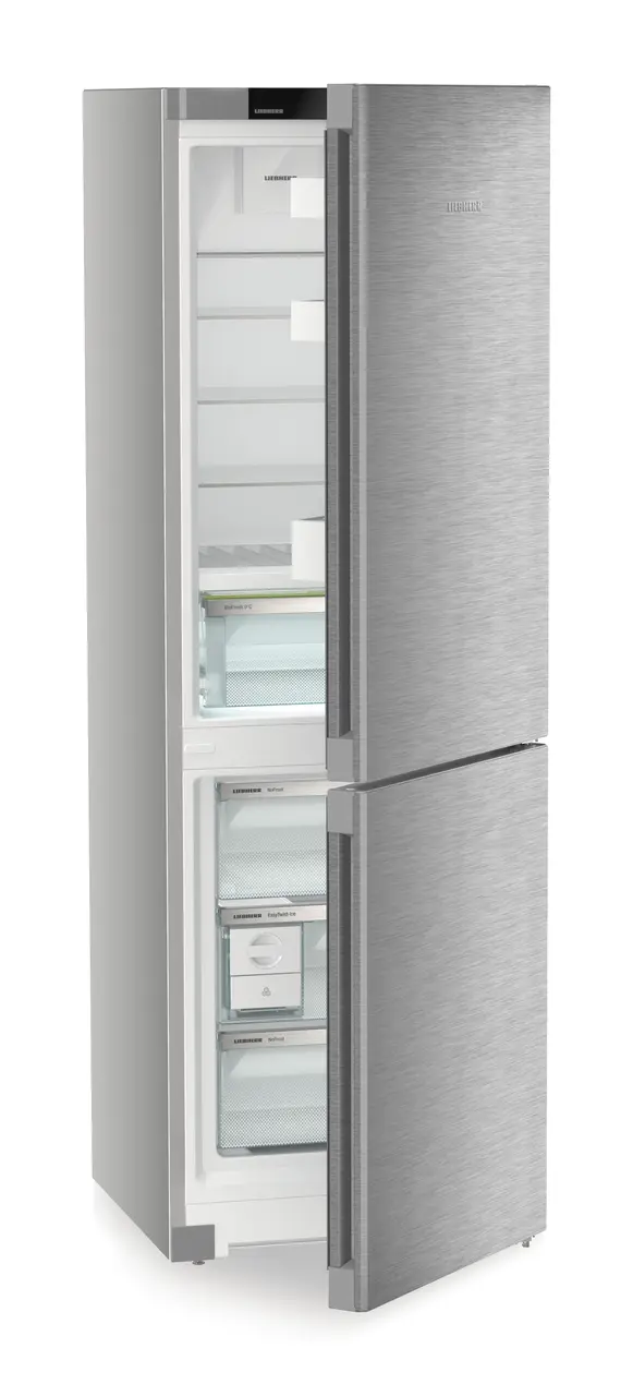 Produkt-Bild, Perspektive: schräg halb offen leer, Kühl-Gefrierkombination mit BioFresh und NoFrost, Gehäusefarbe: Silver, Türfarbe: Edelstahl