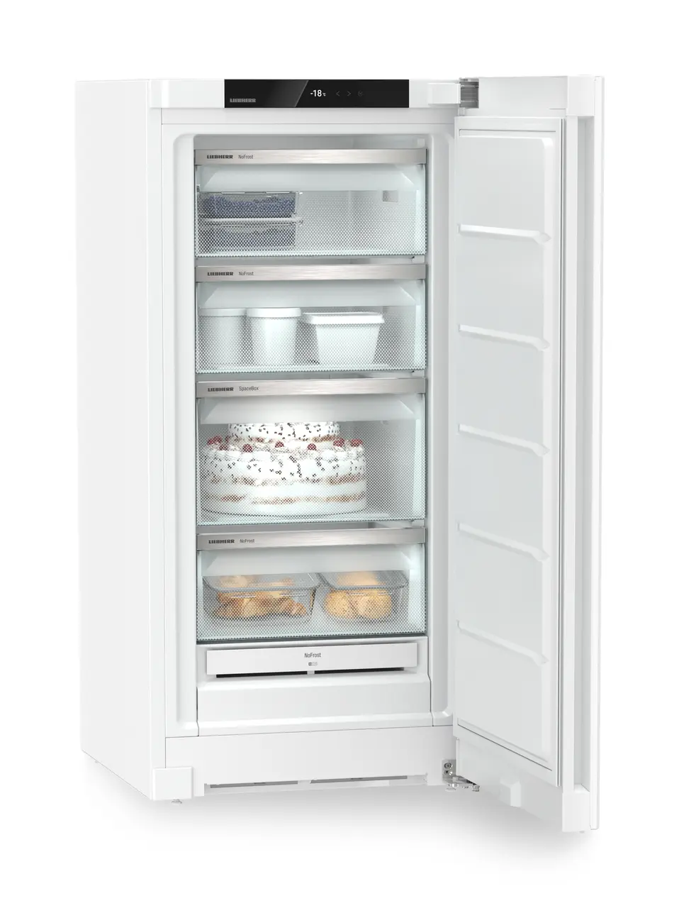 Produkt-Bild, Perspektive: schräg offen dekoriert, Standgefrierschrank mit NoFrost, Gehäusefarbe: Weiß, Türfarbe: Weiß