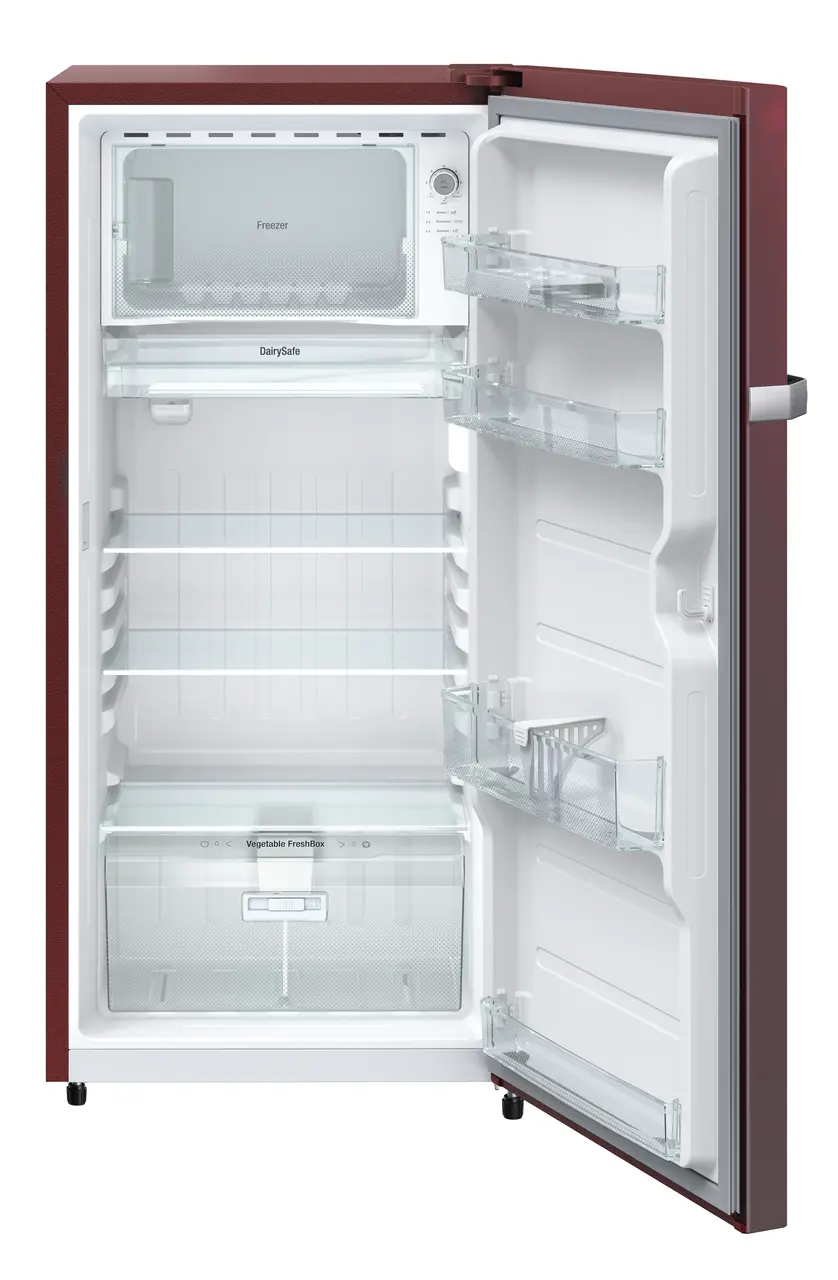 Product image, Perspective: straight open empty, Single-door refrigerator 222 l in 3 star and horizontal handle, Casing colour: red, Door colour: Red Rosette