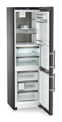 Product image, Perspective: oblique open empty, Fridge-freezer with BioFresh and NoFrost, Casing colour: BlackSteel, Door colour: BlackSteel