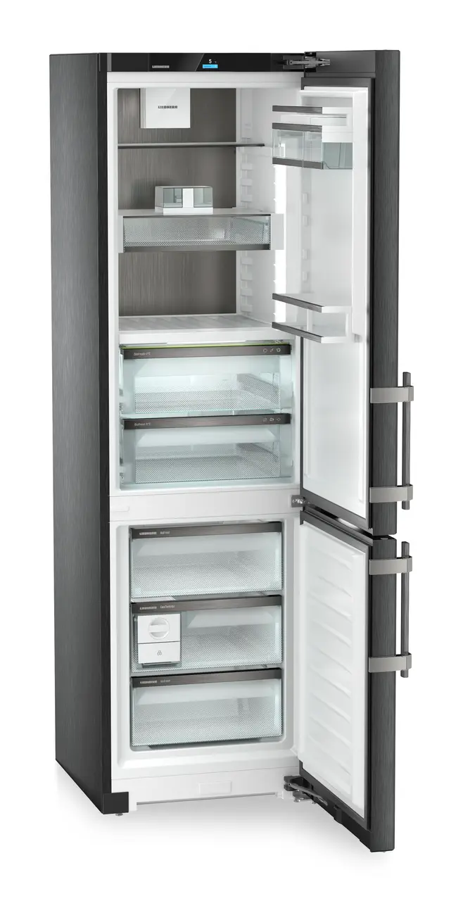 Product image, Perspective: oblique open empty, Fridge-freezer with BioFresh and NoFrost, Casing colour: BlackSteel, Door colour: BlackSteel