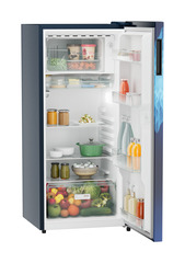 Product image, Perspective: oblique open decorated, Single-door refrigerator 202 l in 3 star with VegFresh box, Casing colour: blue, Door colour: Blue Mystiq