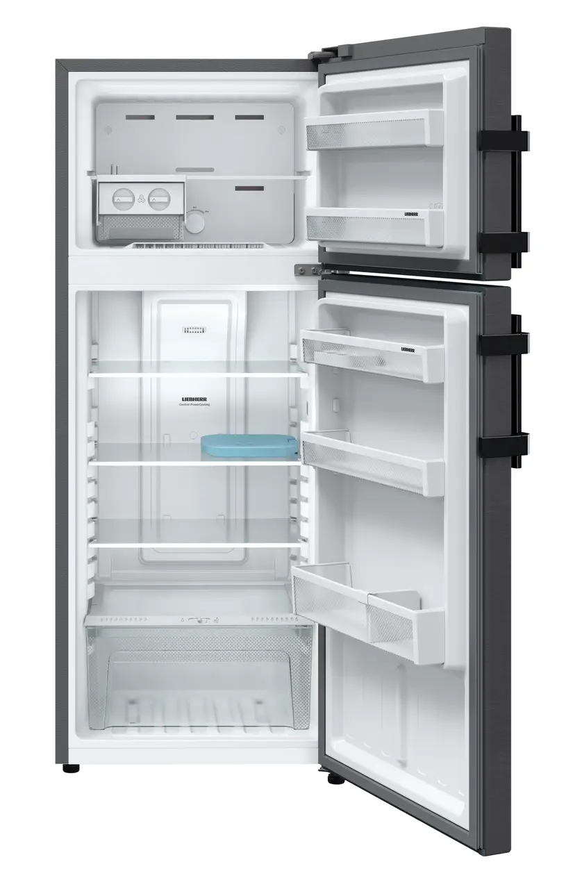 Product image, Perspective: straight open empty, Fridge-freezer with NoFrost, Casing colour: grey, Door colour: BlackSteel