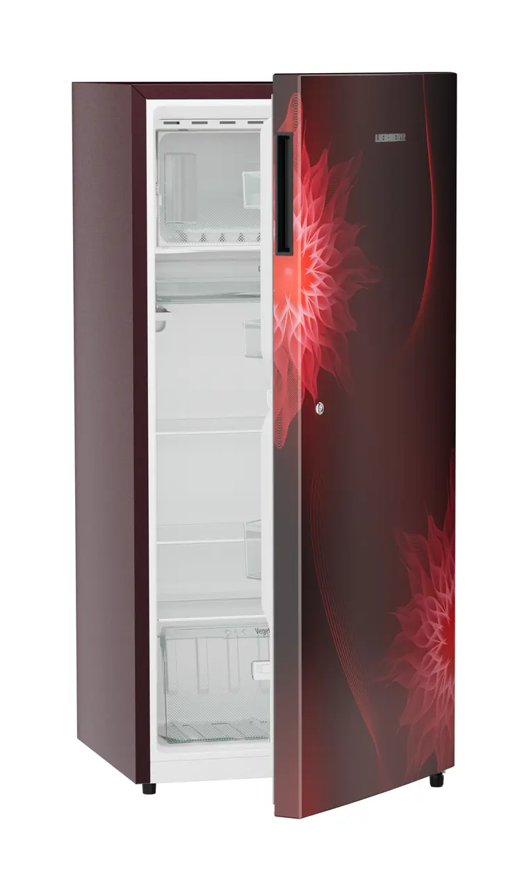 Product image, Perspective: oblique half-open empty, Single-door refrigerator 202 l in 3 star with VegFresh box, Casing colour: red, Door colour: Red Mystiq