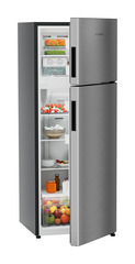Product image, Perspective: oblique half-open decorated, Fridge-freezer with NoFrost, Casing colour: grey, Door colour: Silver Steel